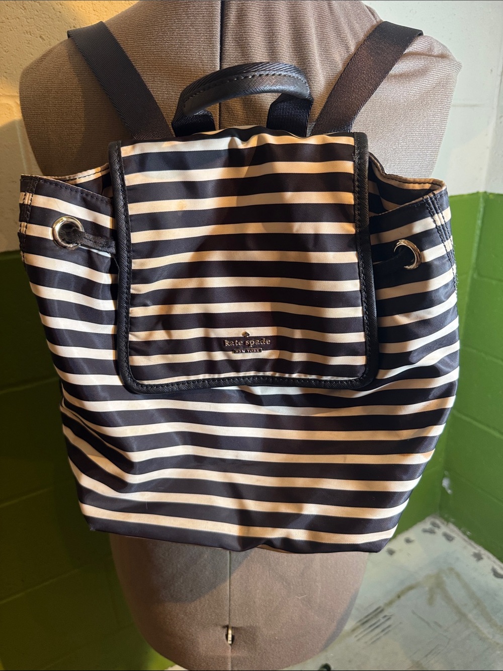 kate spade Black and White Striped Nylon Backpack